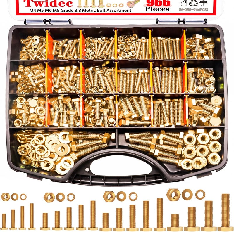 Twidec /966PCS Metric Bolt Assortment,Grade 8.8 Hex Head Bolts and Nuts Assortment Kit, M4/M5/M6/M8(12-30mm)Heavy Duty Nuts and Bolts Kit, Flat & Spring Lock Washer Gold Zinc Plating With Storage Case - Image 1
